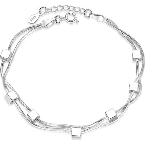 ModaOne 925 Sterling Silver Bracelet Square Box Star Double Chain Adjustable Bracelet Anklet For Women pulseira