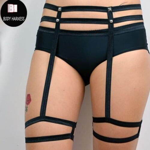 Black Punk Goth Rivet Garter Lingerie thigh Leg Garter belt Fetish Gothic Harajuku Stocking Leg Garter