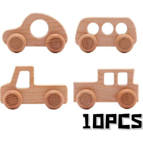 10pcs Baby Toys Beech Wooden Blocks 1pc Wooden Car Bus Cartoon Educational Montessori Toys For Children Teething Baby Teethers