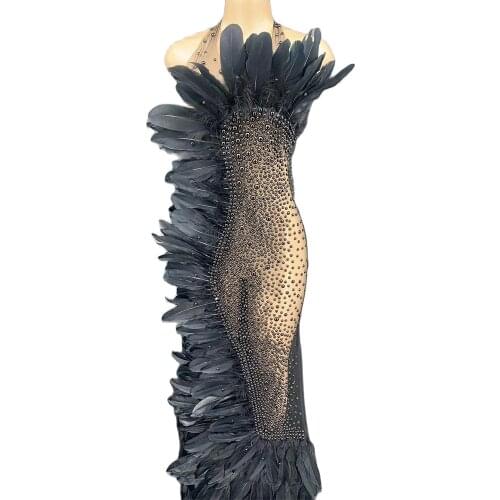 Shining Diamonds Neck-Mounted Long Dress Perspective Gauze Feathers Asymmetrical Singer Costumes Homme Womens Party Clothing