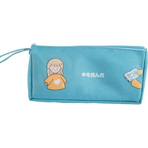 Japanese Cartoon Canvas Pencil Case Storage Zipper Handle Pencilcase School Office Supply Stationery Woman Cosmetic Makeup Bag