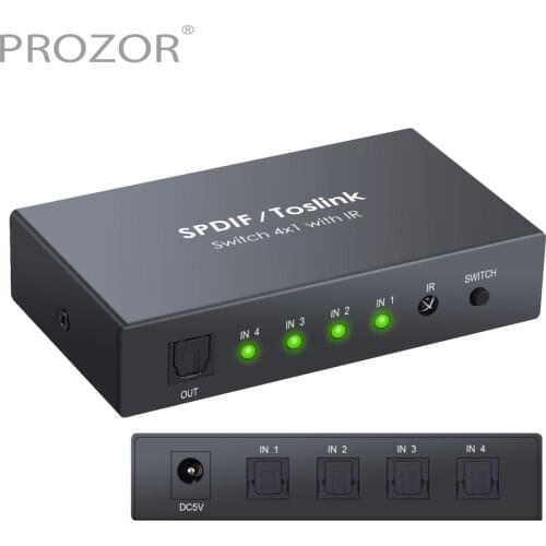 PROZOR SPDIF Toslink Switch 4 In 1 Out with IR Remote Digital Optical Audio Switcher Support LPCM2.0 DTS For PS3 PS4 Computer TV