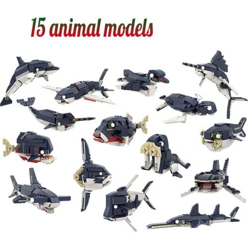 MOC 15 In One Ocean Paradise Shark Building Block Model Deformation Spliced Shapes Puzzle Education Bricks Childrens Toy Gift