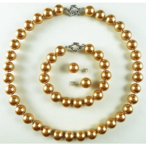 NEW A 10mm gold champagne luxurious shell pearl bracelet earring necklace set
