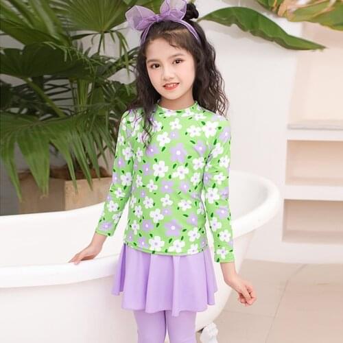 New Girl Two Pieces Suit 3-15 Year Children Long Sleeve Skirt Swimsuit 2021 Kid Cute Flower Print Swimwear Baby Bathing Suit
