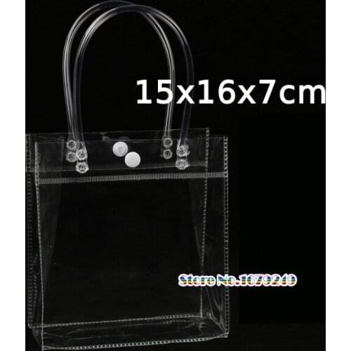 Wholesale 15x16x7cm Clear display clothing bags, Transparent gift plastic bags handle cosmetic bag pack
