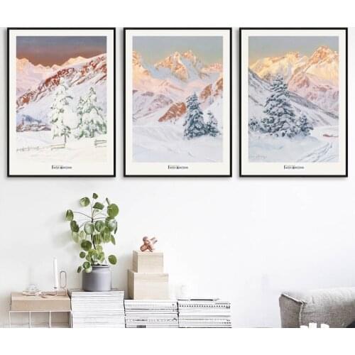 Snow Mountain Landscape Canvas Painting Peak Sunshine Wall Picture for Living Room Decoration Winter Pine Tree Wall Art Prints