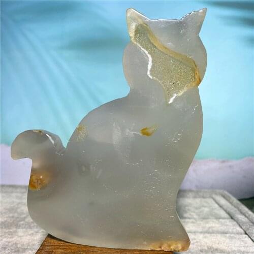 Natural Agate Stones Quartz Cute Cat Carving Healing Crystal Figurines Reiki Decoration Gemstone Gift Geode Druzy