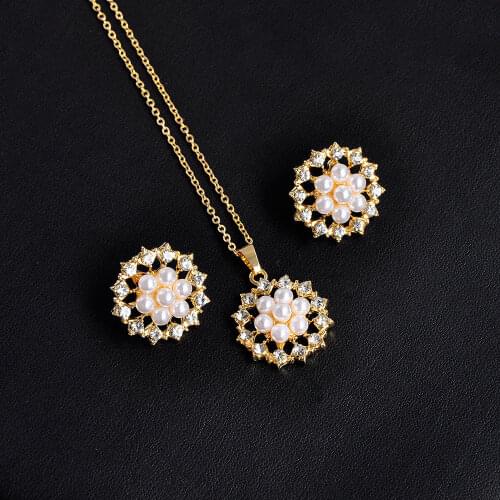 Luxury Female Crystal Flower Jewelry Set Charm Gold Color Wedding Stud Earrings For Women Dainty White Pearl Chain Necklace