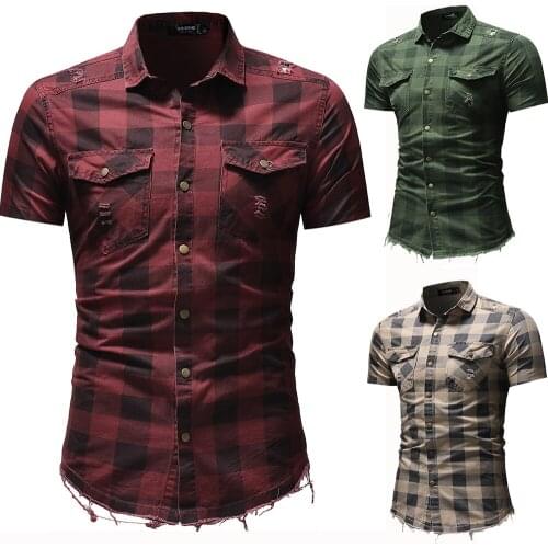 Spring Summer Shirt Men Shirts Short Sleeves Classic Square Plaid Shirt Slim Casual Men Cotton Homme Khaki Red Green Plus Size
