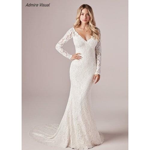 Wedding Dress Mermaid V-Neck Neckline Full Sleeves Lace Appliques Elegant Floor-Length With For Party Plus Sizes Bride Gown