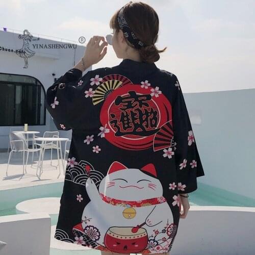 Japanese Kimono Cardigan Yukata Women Harajuku Japan Shirts Loose Casual Tops Girls Cherry blossoms Cat Print Kimono Cosplay Top