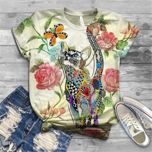 Y2k Cat Pattern Graphic T Shirts Women Round Neck Short Sleeve Tee Tops Animal Lovely Tshirts Ladies Summer Fashion Clothes