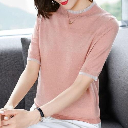 Women New Short Sleeve Summer Knitted Pull T-shirt Women Casual O-neck Cool ice Silk Pullovers Ladies Thin Jumpers Femme