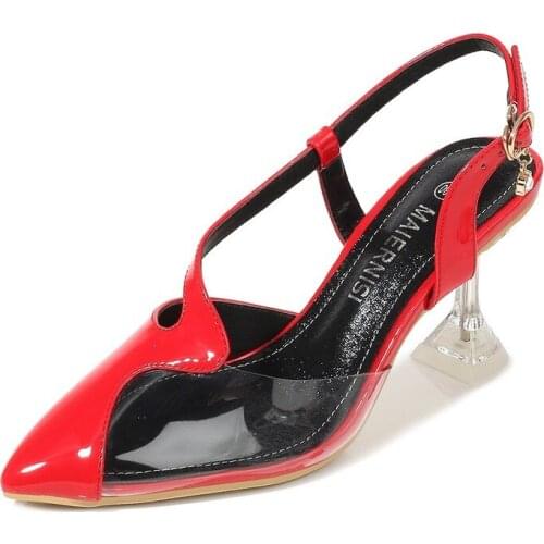Mclubgirl New Pointy Fashion Crystal Heel High Heels Sandals Womens Thin Heel Pointy Color Matching Walking Show Red Shoes WZ