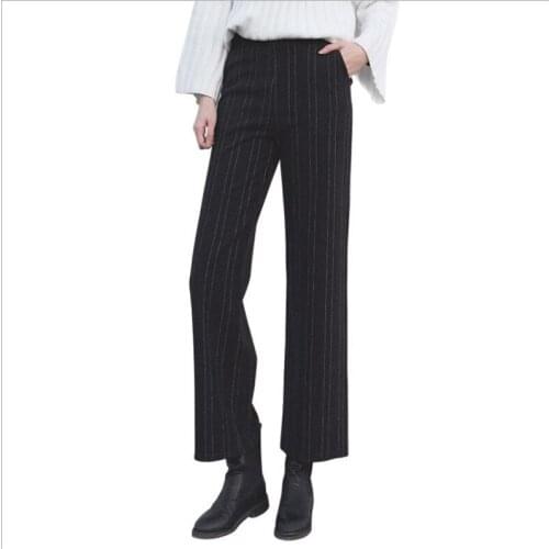 Autumn Winter Women Woolen Pants 2018 New England Style Women Wide-Leg Pants Striped High Waist Warm Female Loose Pants Q946