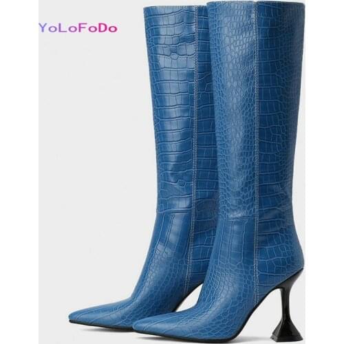 2021 Autumn Winter Women Knee High Boots Faux Leather High Quality Ladies Strange Style Boots Pointed Toe Slip on Womens Shoes