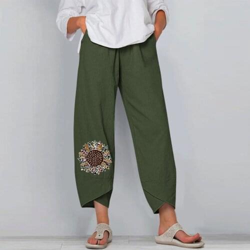 Vintage Women Harem Pants Summer Cotton Linen Loose Flower Printed Embroidery Elastic Waist Casual Pants Plus Size Cropped Pants
