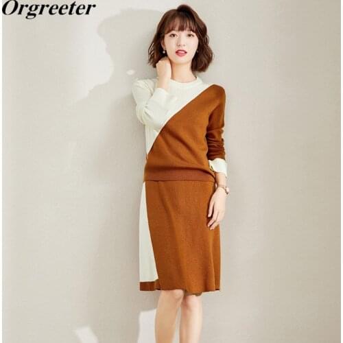 Autumn New Sweater Two Piece Set Women Korean Elegant Color Contrast Knitwear Pullover Tops + Knee-length Skirt 2 Piece Sets