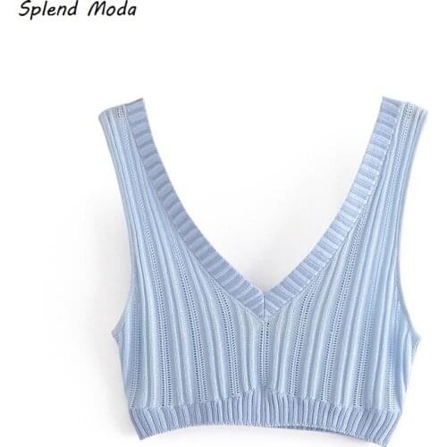Splend Moda Blue Striped Knitted Sleeveless Sexy V-Neck Slim Ultra Short Vest 2021 Summer New Women Tank Top All Match