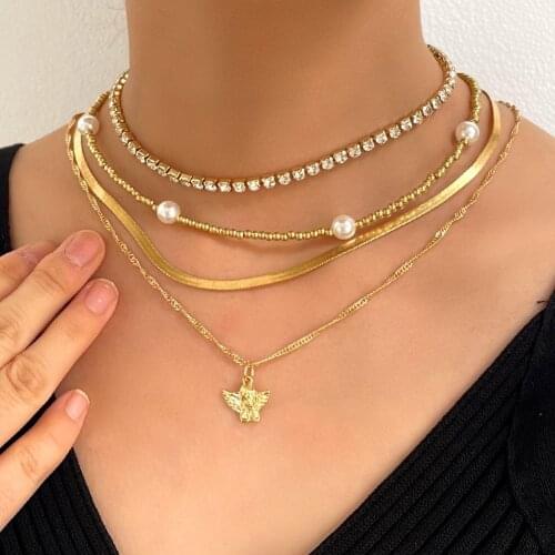 Flatfoosie Fashion Multi-layer Angel Pendant Necklace for Women Gold Color Metal Beads Simple Snake Chain Necklace Boho Jewelry