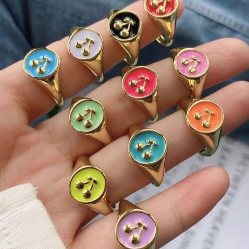 10Pcs 2021 Enamel Neon Colors Cherry Rings Cherry Pattern Gold Cuff Ring For Women Jewellery