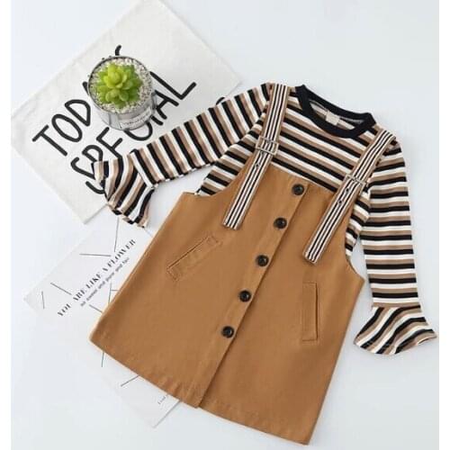 2018 Baby Girl Sring Fall Clotjing Set Girls Kids Fashion Elegent 2pcs Suits(Striped Shirtd+Dress) Children Clothes Outfits