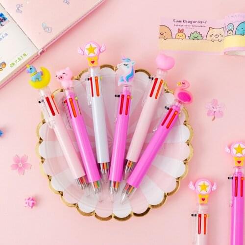 4 PCs Solid Color Penholder Six Colors Hand Account Pen Color Ballpoint Pen Flamingo Unicorn Cartoon Head Color Ballpoint Pen