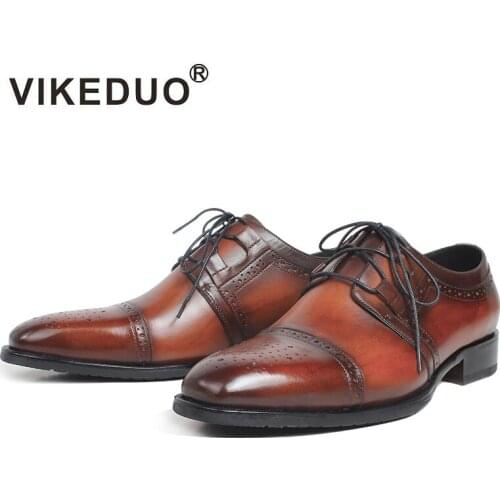 VIKEDUO Patina Brogue Derby Dress Shoes For Men Genuine Leather Handmade Wedding Office Business Male Footwear Italy Zapatos
