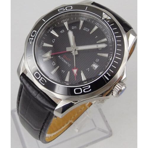 41mm Black Sterile Dial Ceramic Leather Mens Watch Automatic GMT Movement Sapphire Glass Date Window