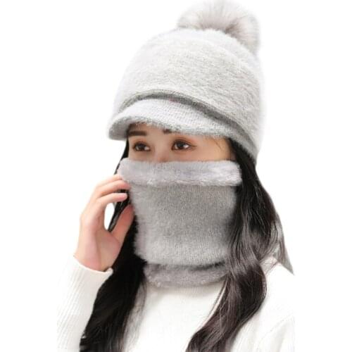 Women Winter 2Pcs Set Pompom Visor Beanie Hat with Scarf Knitted Plush Lined Skullies Baseball Cap Windproof Neck Warmer