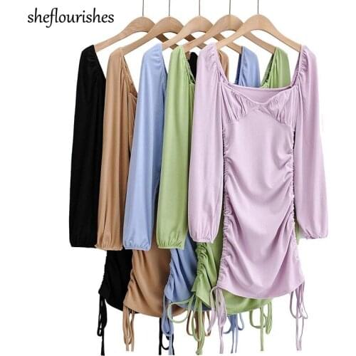 Elegant dress women knitted dresses long sleeve mini dress vintage solid dresses black square neck bodycon dress drawstring