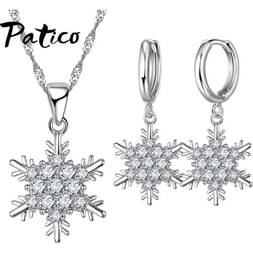 Elegant Snowflake Pendant Crystal Decoration 925 Sterling Silver Chain Necklace Earrings Set Women Christmas Jewelry