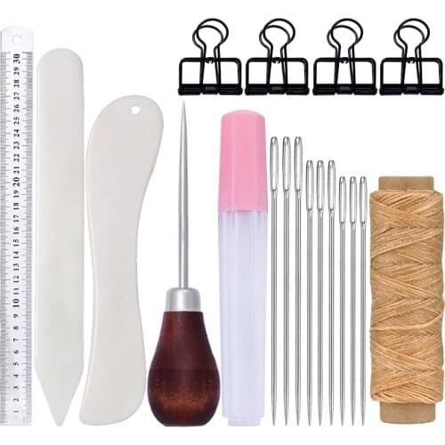 KAOBUY 19Pcs Leather Craft Bookbinding Kit Paper Creaser Waxed Thread Awl Needle Binder Clips DIY Sewing Set