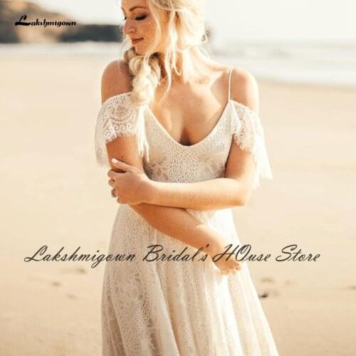 Lakshmigown Vintage Lace Bridal Robe Beach Wedding Dress with Short Sleeves 2021 Sexy Bridal Boho Wedding Gowns Custom Made