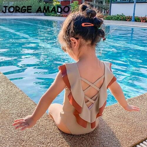 2021 New Summer Kids Girls Swimwear One Piece Open Back Ruffles Swimsuit Children Cute Style Hot Spring Clothes E3888