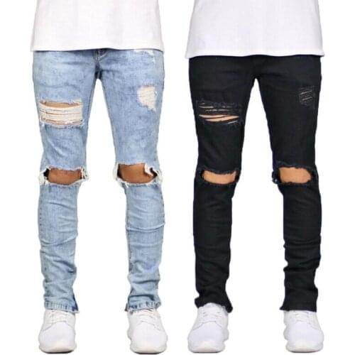 New Men Running Pants Ripped Skinny Jeans Destroyed Frayed Biker Slim Fit Denim Pants Long Solid Trousers Hole Gym Sports 2020