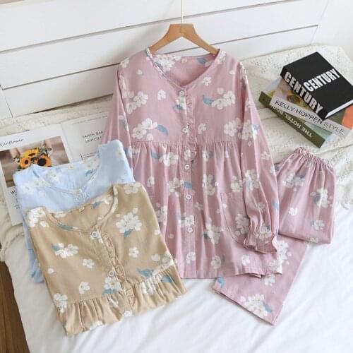 Spring Autumn New Ladies Pajamas Set Print Crepe Cotton Gauze V-Collar Long-sleeve Trousers 2Piece Suit Household Wear For Women