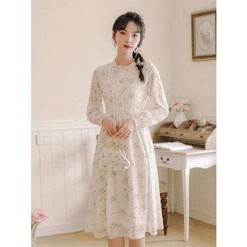 Luxury Long Sleeve Elegant Runway Dress 2021 Autumn Round Neck High Waist Flower Print Creasing A-Line Party Dresses