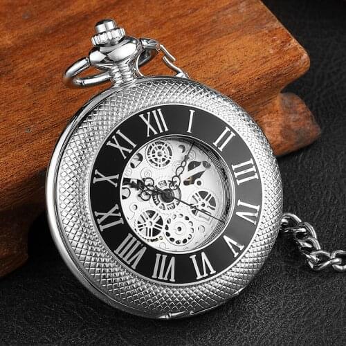 Luxury Silver Mechanical Pocket Watch Mens Unique Roman Number Sculpture Dial Fashion Mens Watches With FOB Chain Men Women Gift