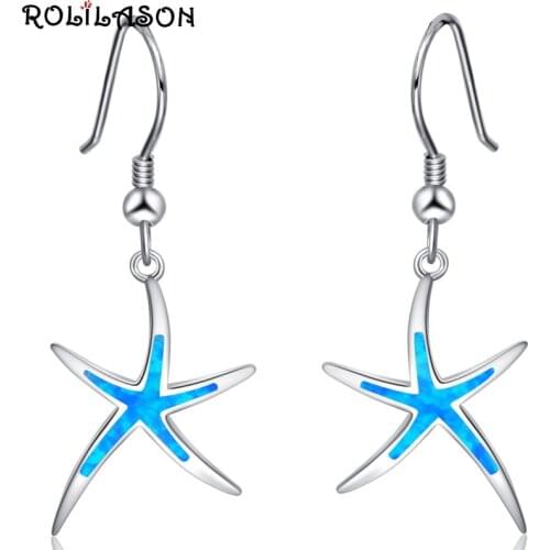 ROLILASON Simple Design Blue Star Shape 925 silver Opal Earrings Pendant Earrings 925 Print Fashion Jewelry OE788