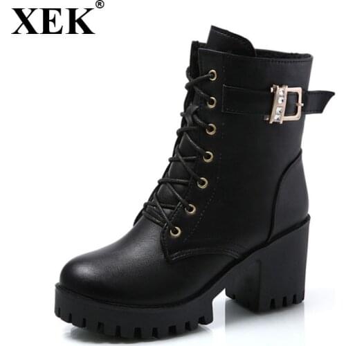 XEK 2018 Fashion New arrive motorcycle boots for women fashion shoes woman ankle boots platform lace-up ZLL211