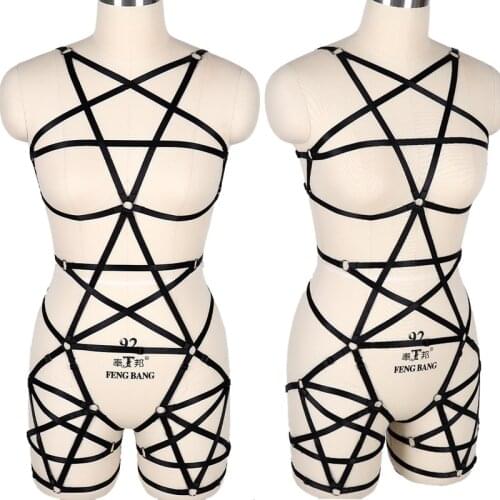 Black Pentagram Full body Harness Plus Size Elastic Tops Waist Belt Steampunk Goth Lingerie Art Dance Clothing Garter Belts