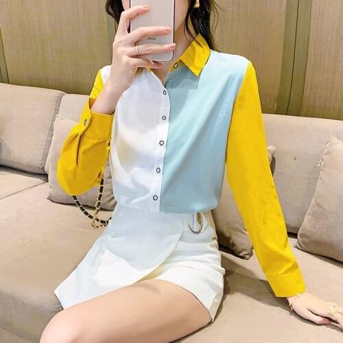 Women 2021 Spring Fashion Long Sleeve OL Shirts Female Single Breasted Chiffon Blouses Ladies Patchwork Loose Thin Shirts U224