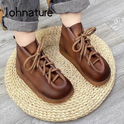 Johnature Retro Women Boots Genuine Leather Lace-up Women Shoes Round Toe Flat With 2021 New Handmade Ankle Platform Boots