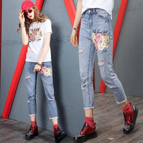 Women High Waisted Pants Office Lady Print Cotton Hole Flowers 2020 Women Jeans Loose Zipper Fly Ninth Pants Women Casual Jeans