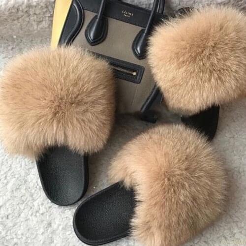 Hot Fur Slippers Women Fox Home Fluffy Sliders Comfort With Feathers Furry Summer Flats Sweet Ladies Shoes Size 45 Home Shoes