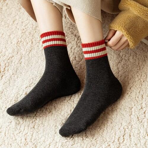 Female Two-bar Striped Socks Autumn And Winter Plus Velvet Thick Terry Warm Long Tube Men Socks Couple College Style Wholesale