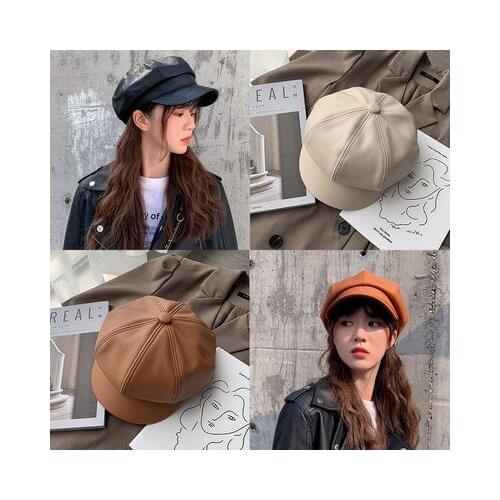 Women Leather Beret with Brim Octagonal Beret Cap Hat Gatsby Newsboy Peaked French Painter Hats Autumn and Winter Street Style