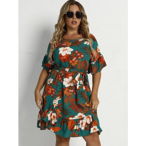 2021 Summer Dress Woman O Neck Short Sleeve Floral Print Ruffles Beach Dress Belted Large Size Short Mini Dresses